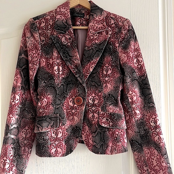 Bohemian blazer jacket, size XS, colours pink and black-grey prints. Vintage - Picture 1 of 7